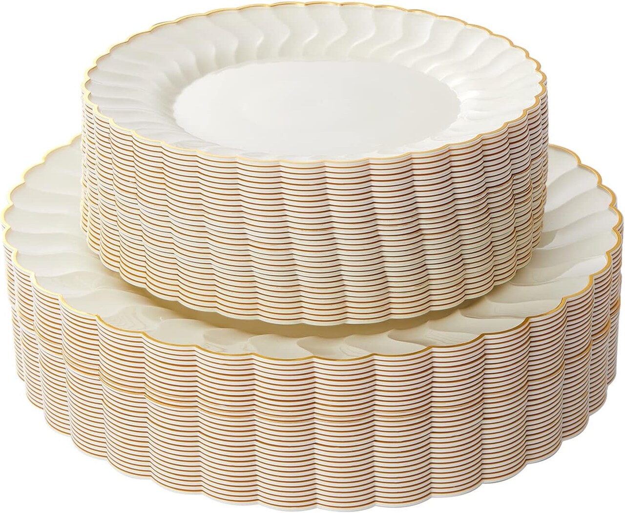 60PCS Ivory Scalloped Plastic Plates with Gold Rim, Disposable Elegant Plates
